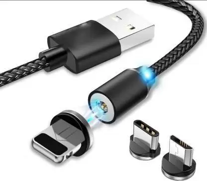Magnetic Charging Cable 1 m 3 in 1 Magnet Data Cable with Magnetic cable 1 m Magnetic Charging  (Compatible with Micro USB, Type C, iOS, Black, One Cable)